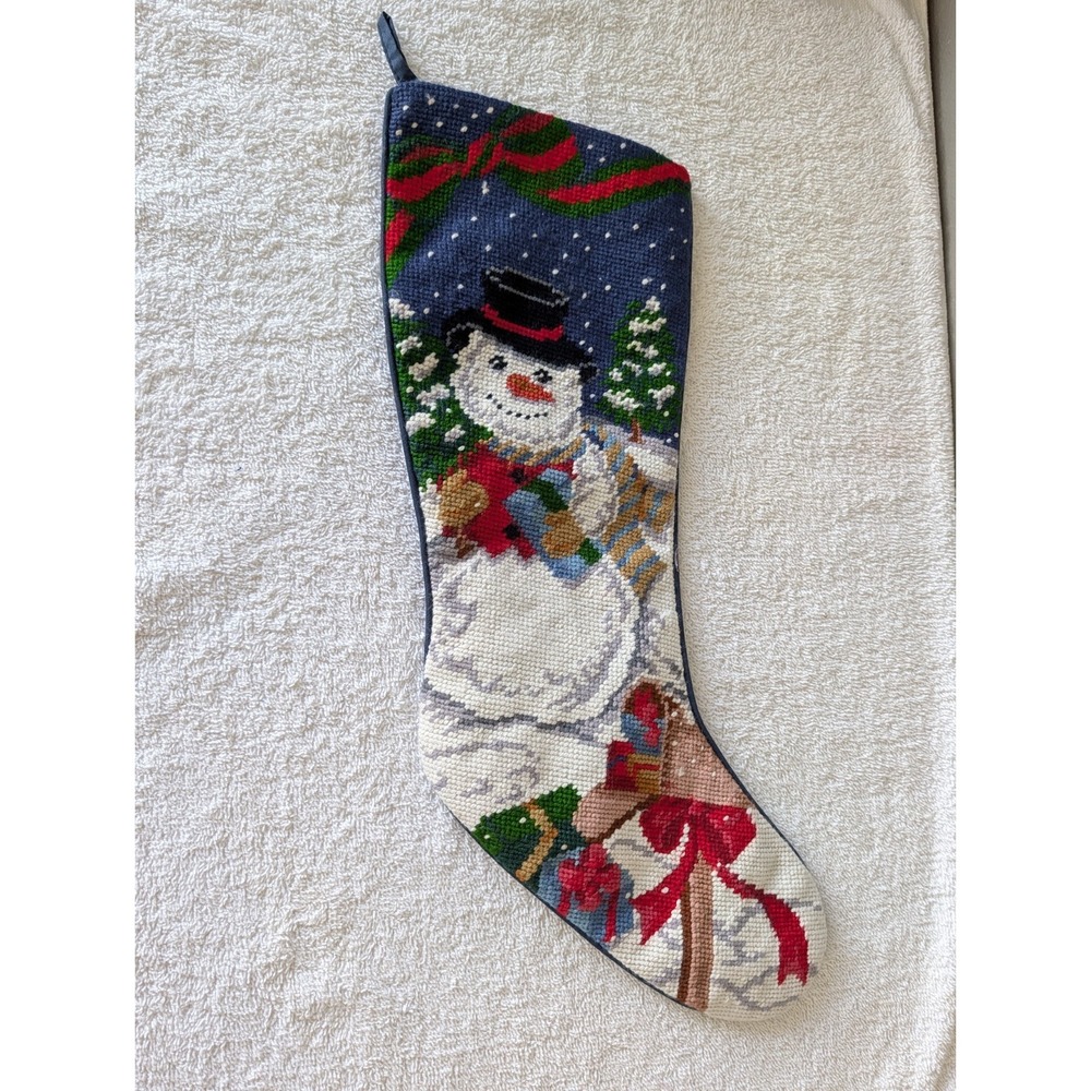 Vintage Needlepoint Snowman Mailbox Stocking 18" Blue Flower Lining Inside Slim